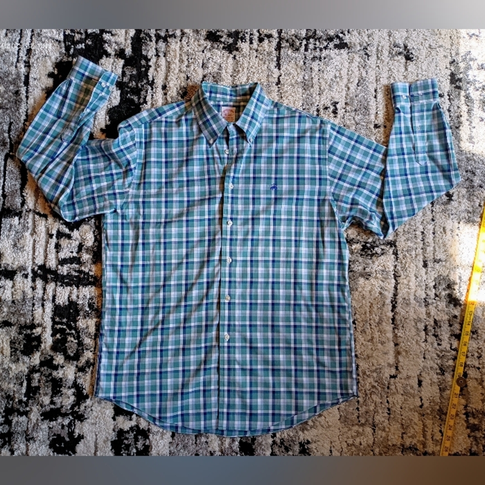 Brooks Brothers Madison Fit Plaid Button Down Shirt Green Blue Large Like New